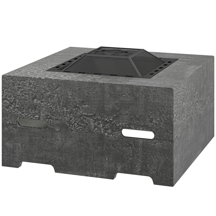 Outsunny Fire Pit with Fire Poker, Wood Burning Firepit for Outside with Mesh Lid, Magnesium Oxide Stone Texture, Charcoal Grey