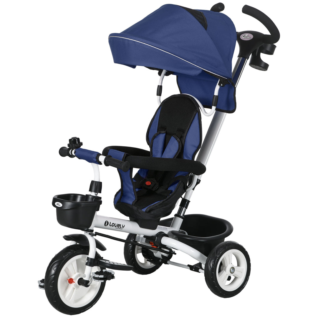 Qaba 6 in 1 Toddler Tricycle with Parent Push Handle, Canopy, Storage Baskets, Cupholder, Dark Blue