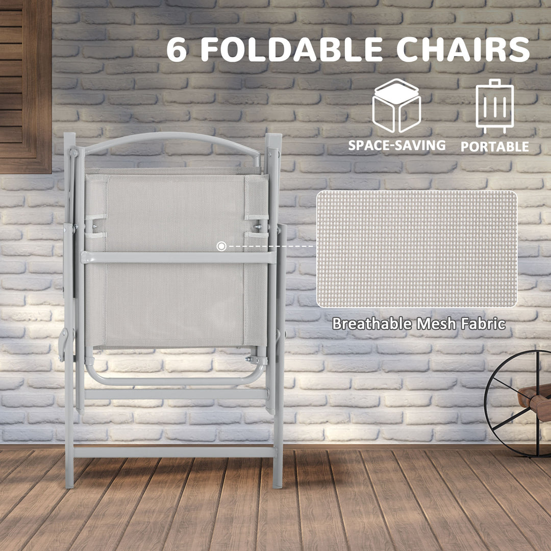 Outsunny 8 Piece Patio Set with Umbrella, 6 Folding Chairs, Rectangle Table, Outdoor Dining Set for 6 with Mesh Seat, Grey