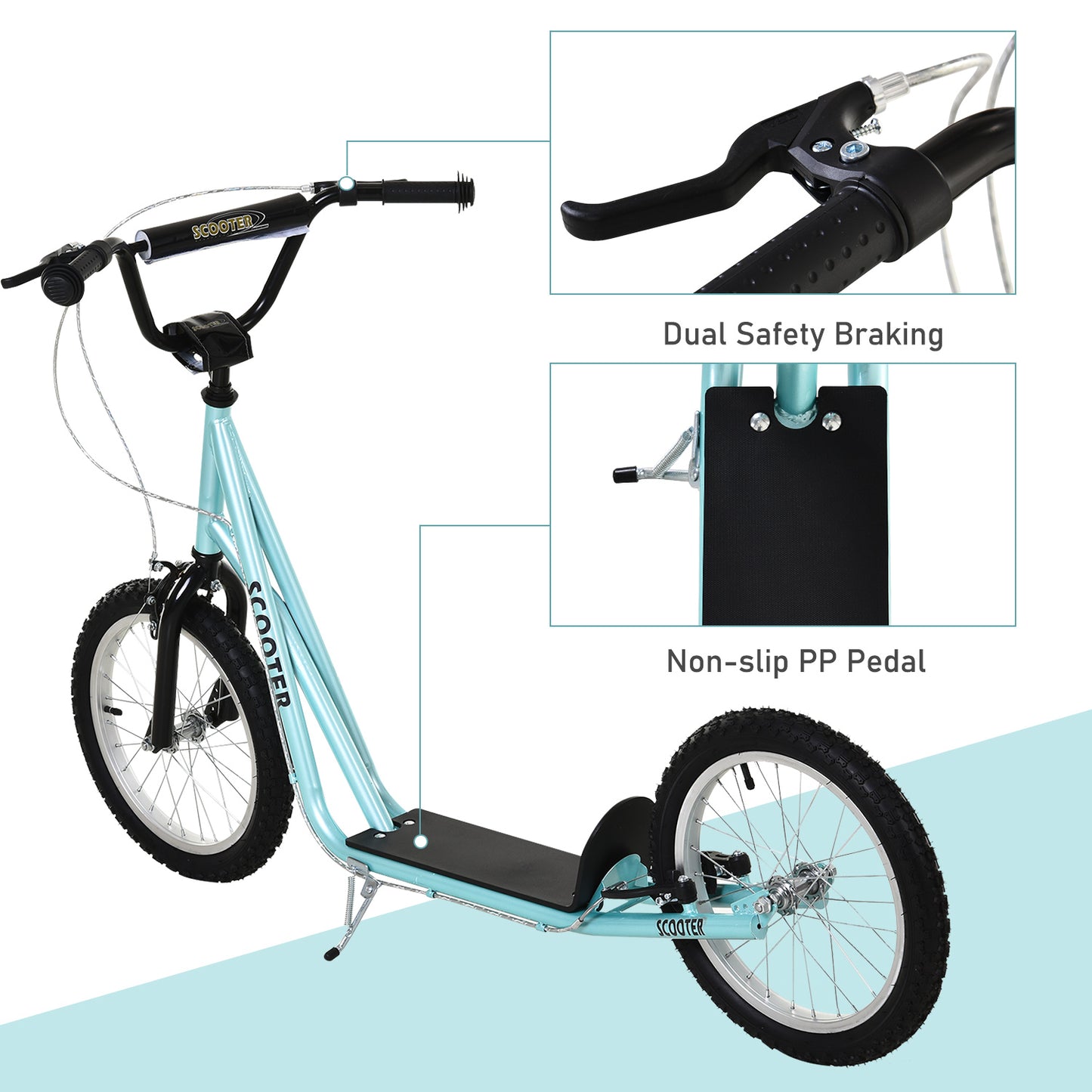 Aosom Kids Kick Scooter for 5+ Year Old, Kids Ride on Toy w/ 16'' Inflatable Wheel Dual Brakes, Black
