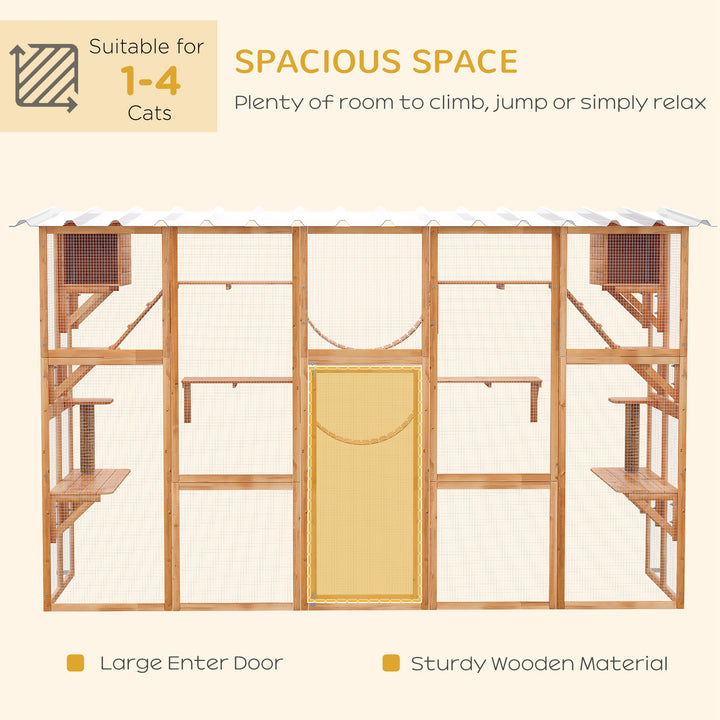 PawHut Large Outdoor Catio with Condos, Platforms, Doors, Ladders, Weather-Resistant Roof, Orange