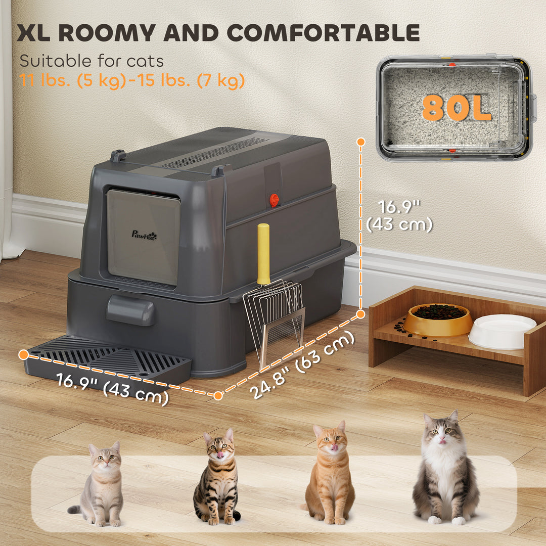 PawHut 80L XL Stainless Steel Cat Litter Box for Big Cats with Flip Cover, Pull-Out Drawer Tray, High Sided, Pedal, Light Grey