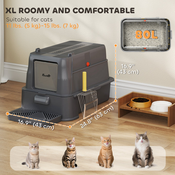 PawHut 80L XL Stainless Steel Cat Litter Box for Big Cats with Flip Cover, Pull-Out Drawer Tray, High Sided, Pedal, Light Grey