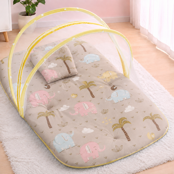 Aarniva Foldable Baby Mosquito Net Mat | Soft Padded | Breathable Mesh Canopy | Elephant Palm Beige
