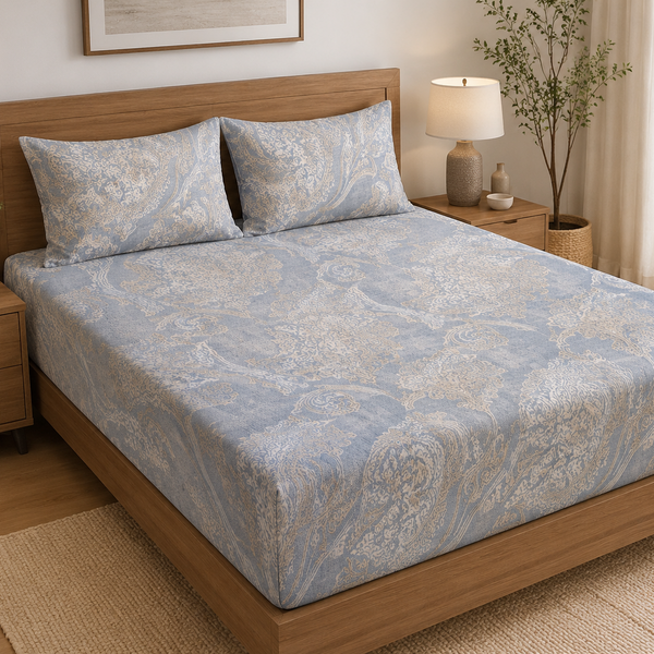 Aarniva 100% Cotton Paisley Bedsheet Set | King/Queen | Soft & Breathable | Misty Blue Paisley | 6-Piece Set