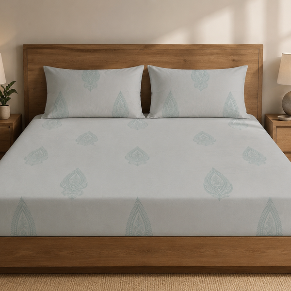 Aarniva 100% Cotton Paisley Bedsheet Set | King/Queen | Soft & Breathable | Misty Aqua Paisley | 6-Piece Set