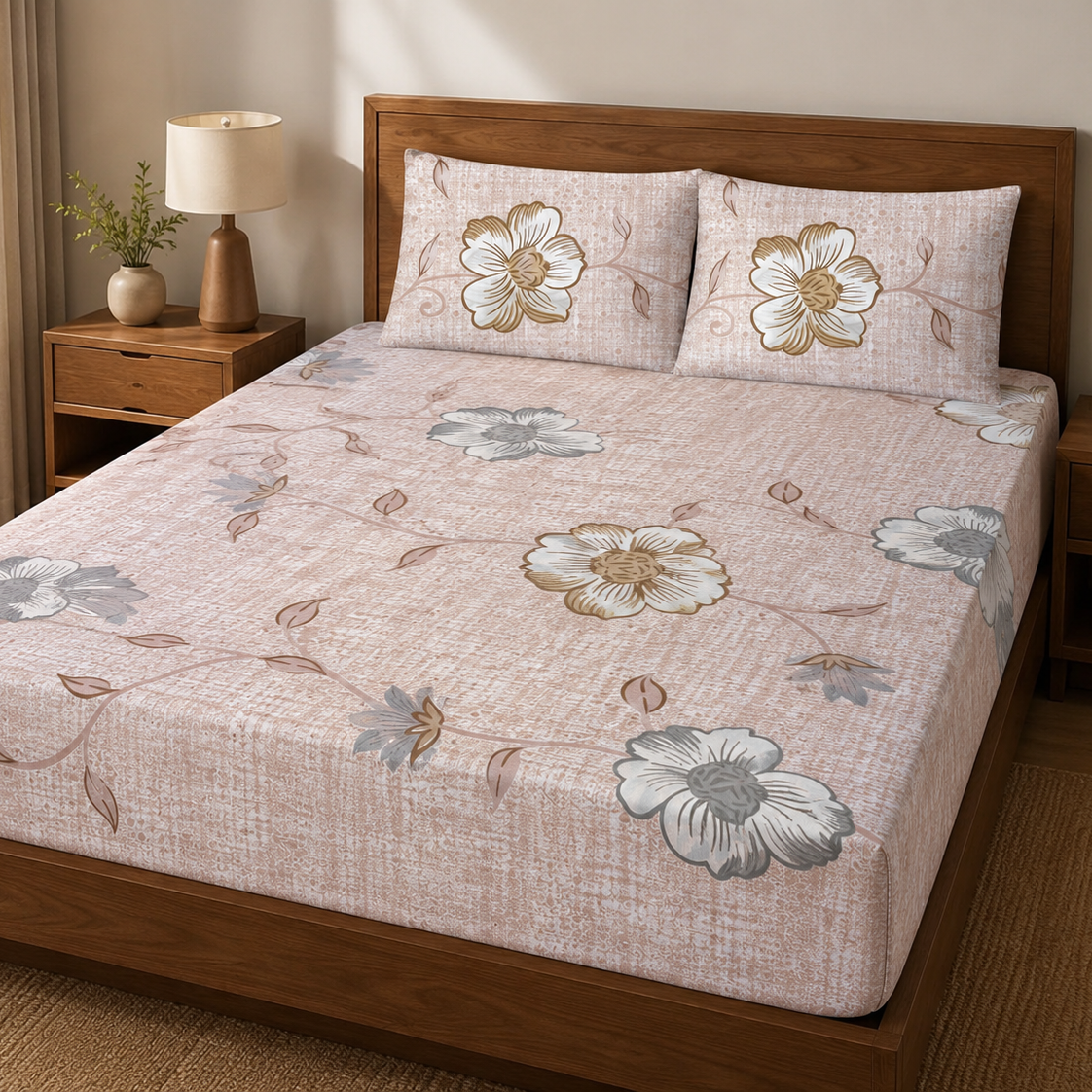 Aarniva 100% Cotton Floral Bedsheet Set | King/Queen | Soft & Breathable | Blush Meadow Floral | 6-Piece Set