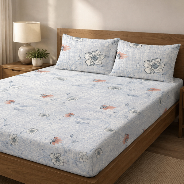 Aarniva 100% Cotton Floral Bedsheet Set | King/Queen | Soft & Breathable | Powder Blue Blossom Vine | 6-Piece Set