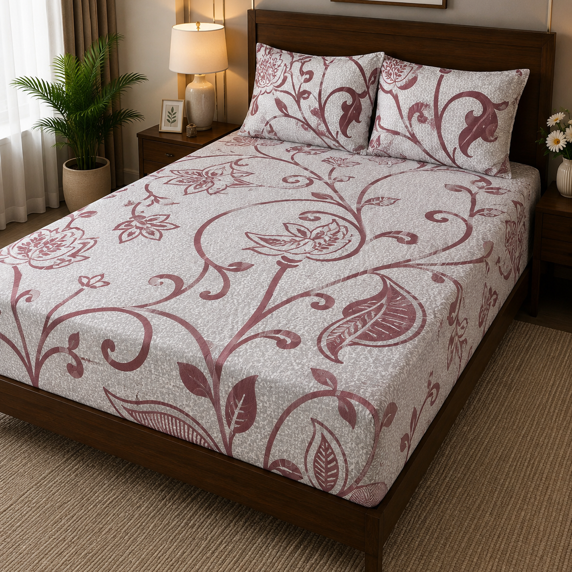 Aarniva 100% Cotton Floral Scroll Bedsheet Set | King/Queen | Soft & Breathable | Dusty Mauve | 200 TC | 6-Piece Set