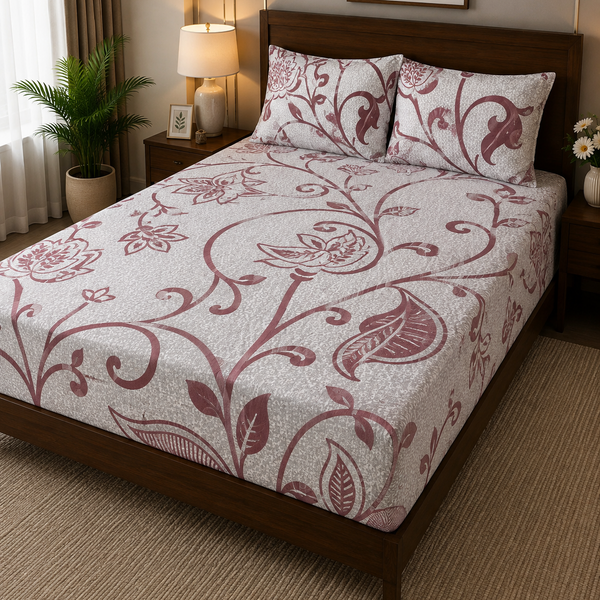 Aarniva 100% Cotton Floral Scroll Bedsheet Set | King/Queen | Soft & Breathable | Dusty Mauve | 200 TC | 6-Piece Set