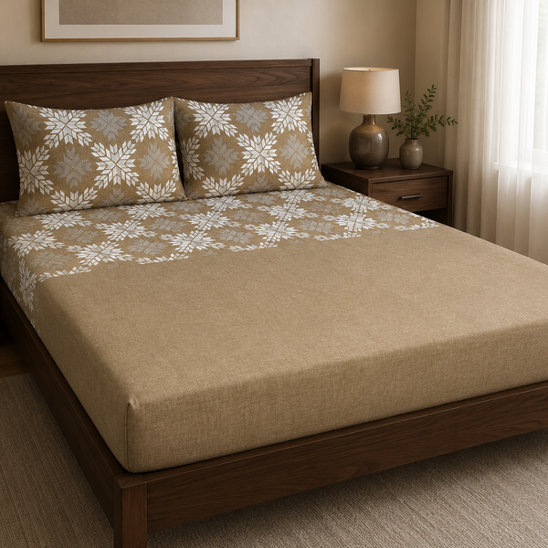 Aarniva 100% Cotton Geometric Bedsheet Set | King/Queen | Soft & Breathable | Sandstone Nordic Star | 4-Piece Set