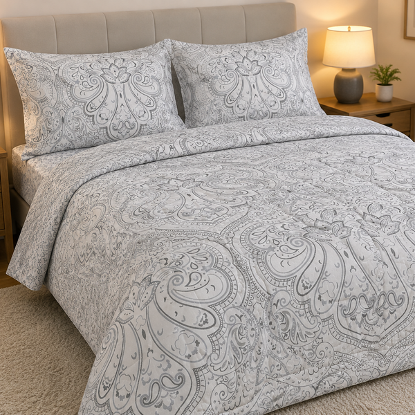 Aarniva Breathable Polyester Silver Paisley Elegance Comforter Set | King/Queen | 250 GSM | Ultra-Soft & Cozy | Soft Grey | 5-Piece Set