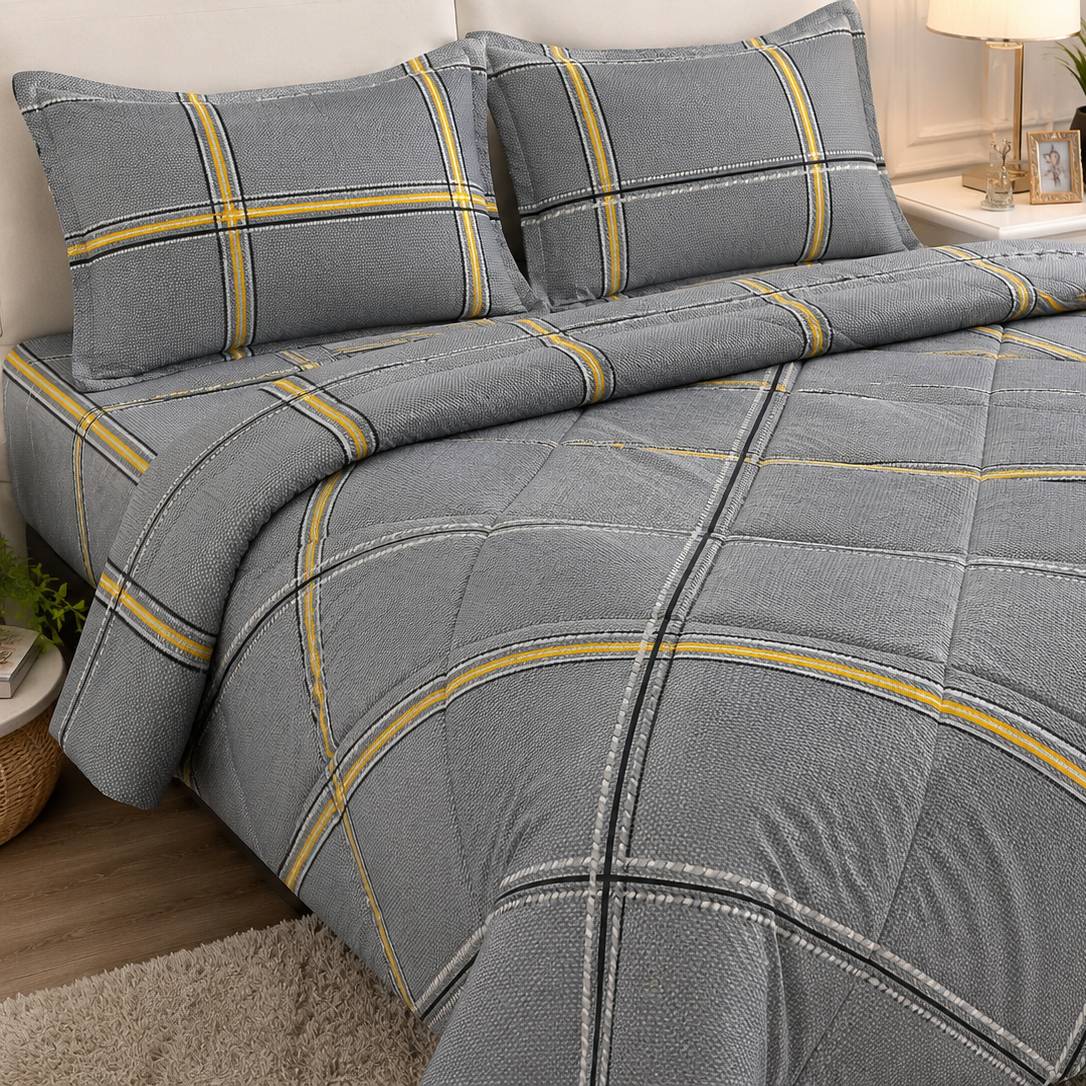 Aarniva Breathable Polyester Urban Plaid Comforter Set | King/Queen | 250 GSM | Ultra-Soft & Cozy | Deep Grey | 5-Piece Set