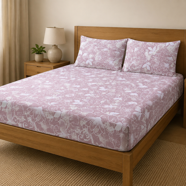 Aarniva 100% Cotton Floral Bedsheet Set | King/Queen | Soft & Breathable | Dusty Rose Floral Vine | 6-Piece Set