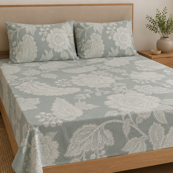 Aarniva 100% Cotton Paisley Floral Bedsheet Set | King/Queen | Soft & Breathable | Misty Sage Paisley | 200 TC | 4-Piece Set