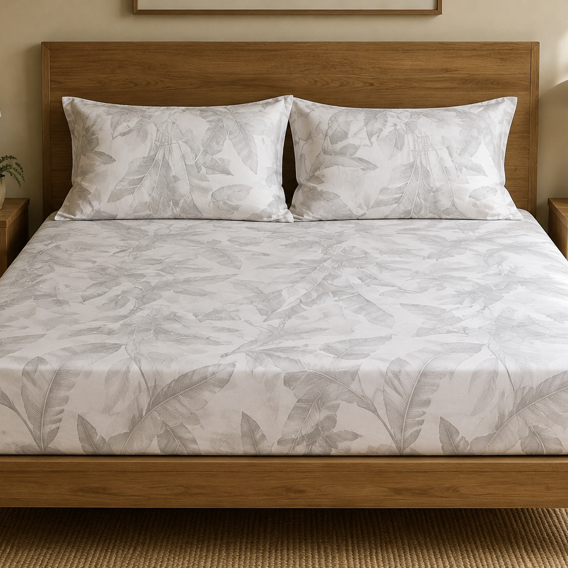 Aarniva 100% Cotton Botanical Bedsheet Set | King/Queen | Soft & Breathable | Misty Leaf Ivory | 6-Piece Set