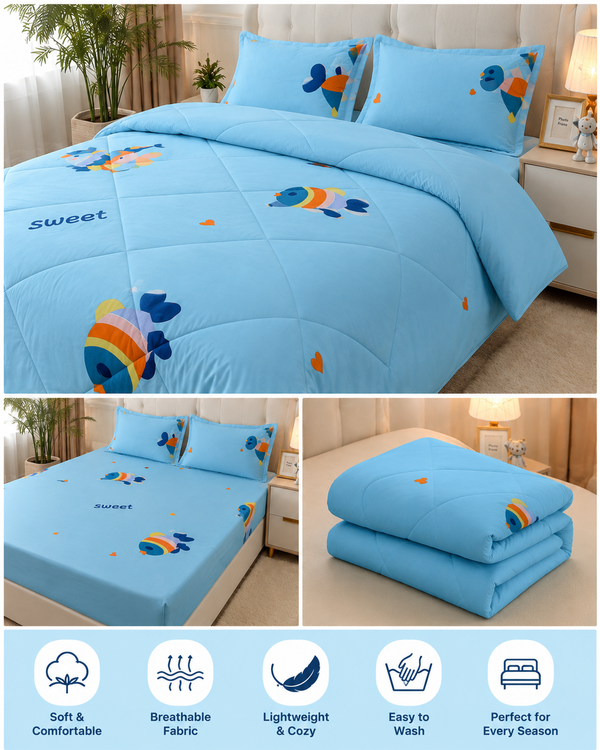 Aarniva Breathable Polyester Sweet Ocean Friends Comforter Set | King/Twin | 250 GSM | Ultra-Soft & Cozy | Aqua Blue | 5-Piece Set