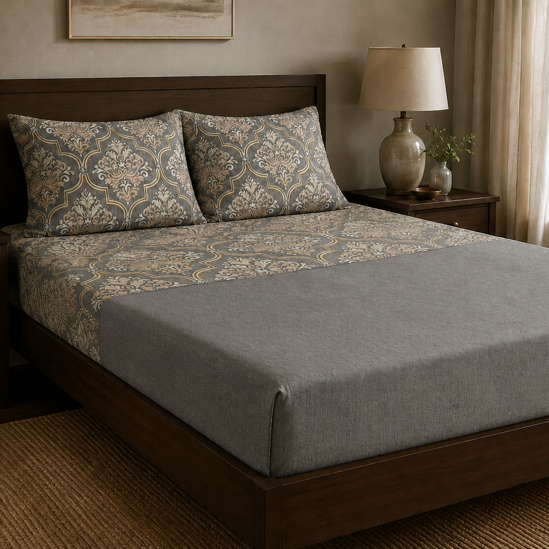 Aarniva 100% Cotton Damask Bedsheet Set | King/Queen | Soft & Breathable | Stone Grey Damask | 6-Piece Set