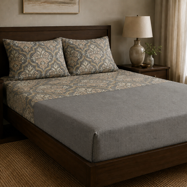 Aarniva 100% Cotton Damask Bedsheet Set | King/Queen | Soft & Breathable | Stone Grey Damask | 6-Piece Set