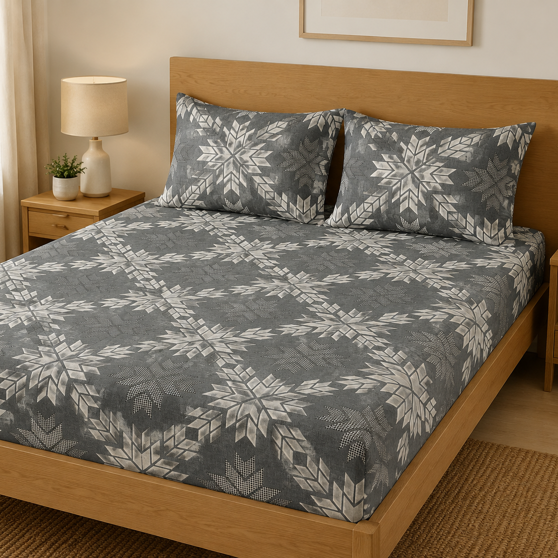 Aarniva 100% Cotton Geometric Bedsheet Set | King/Queen | Soft & Breathable | Silver Snowflake | 6-Piece Set
