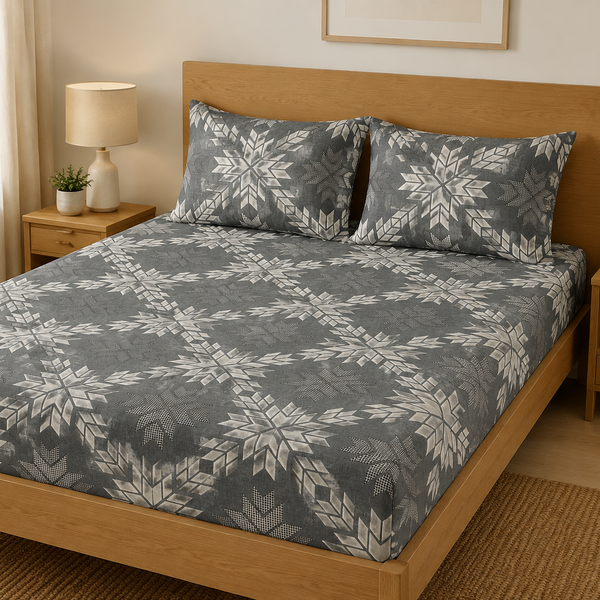 Aarniva 100% Cotton Geometric Bedsheet Set | King/Queen | Soft & Breathable | Silver Snowflake | 6-Piece Set