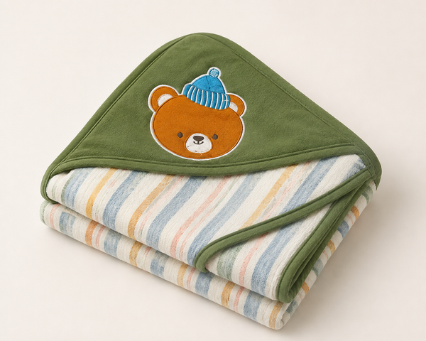 Aarniva Kids Hooded Bath Towel | Soft & Cozy | Animal & Fun Prints | Bear Stripe