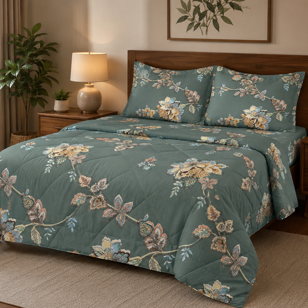 Aarniva Breathable Polyester Antique Botanical Bloom Comforter Set | King/Queen | 250 GSM | Ultra-Soft & Cozy | Deep Sage | 5-Piece Set