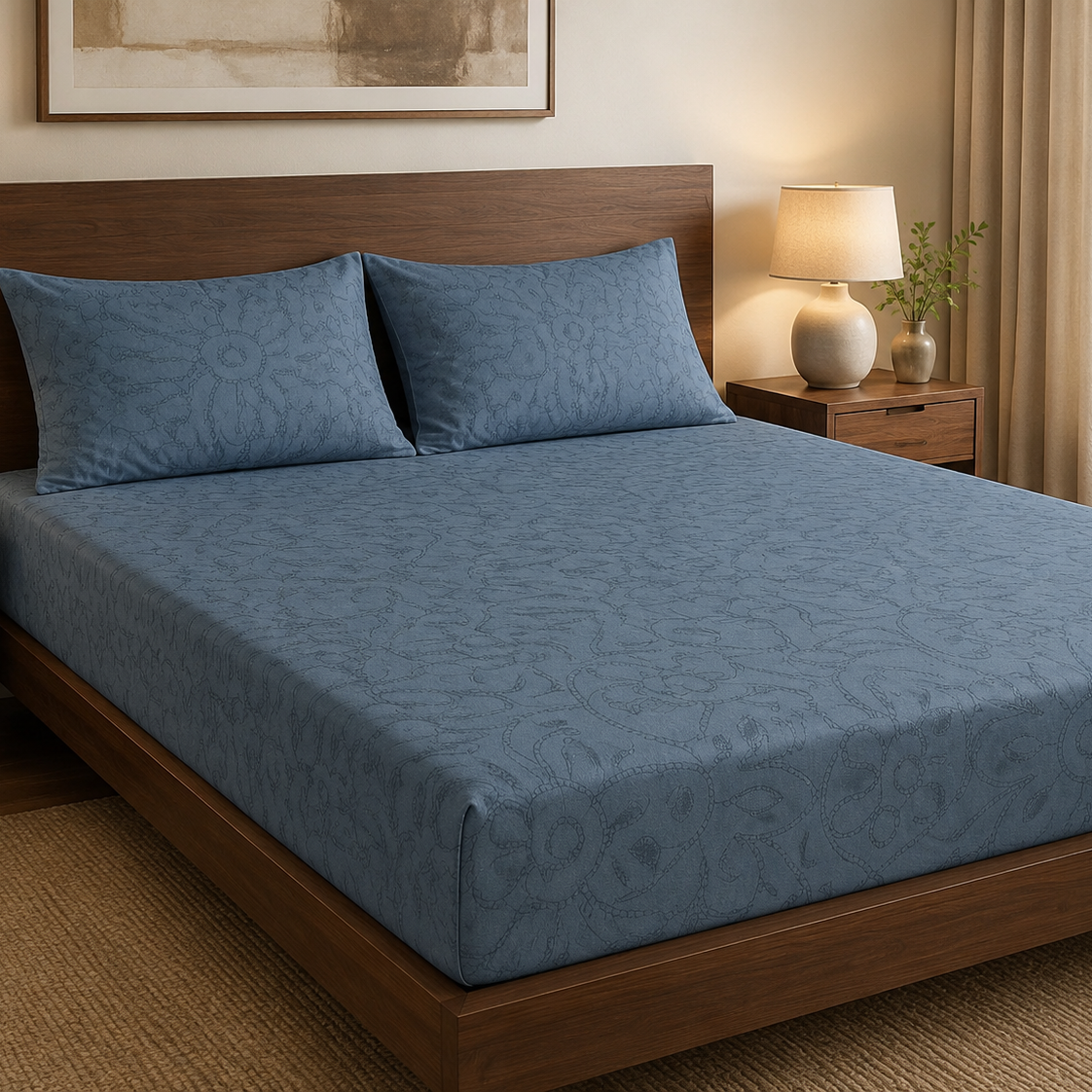 Aarniva 100% Cotton Floral Bedsheet Set | King/Queen | Soft & Breathable | Slate Blue Floral | 6-Piece Set