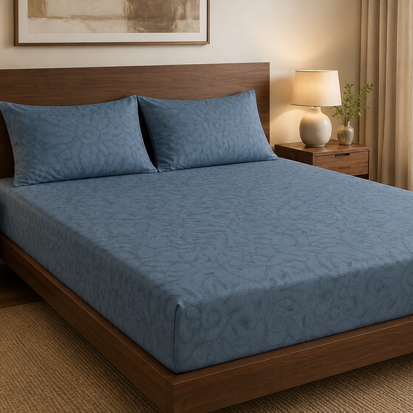 Aarniva 100% Cotton Floral Bedsheet Set | King/Queen | Soft & Breathable | Slate Blue Floral | 6-Piece Set