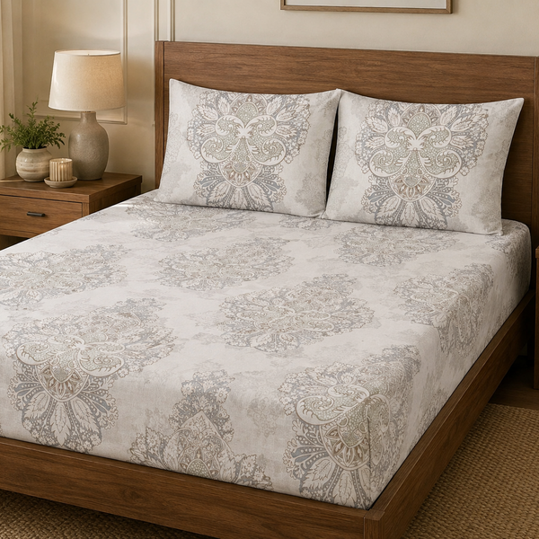 Aarniva 100% Cotton Ornamental Bedsheet Set | King/Queen | Soft & Breathable | Ivory Medallion | 6-Piece Set