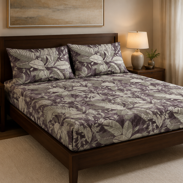 Aarniva 100% Cotton Botanical Bedsheet Set | King/Queen | Soft & Breathable | Dusty Plum Foliage | 6-Piece Set