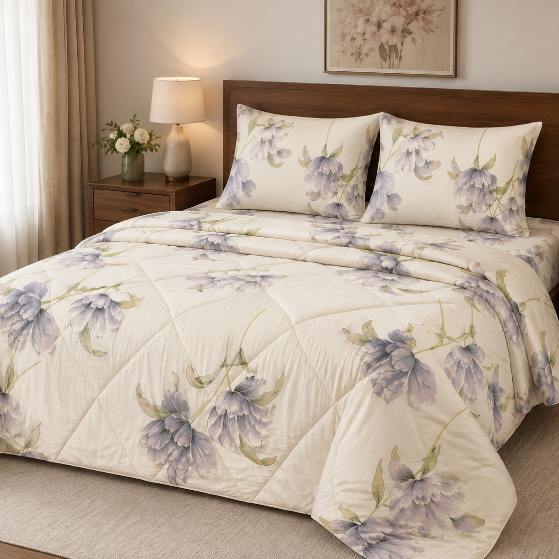 Aarniva Breathable Polyester Lavender Bloom Garden Comforter Set | King/Queen | 250 GSM | Ultra-Soft & Cozy | Lavender Bloom | 5-Piece Set