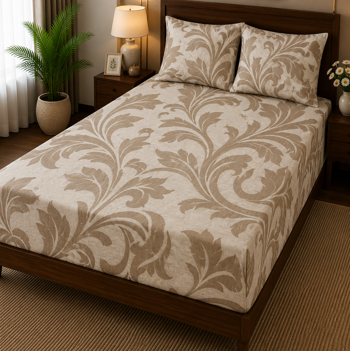 Aarniva 100% Cotton Damask Scroll Bedsheet Set | King/Queen | Soft & Breathable | Warm Taupe | 6-Piece Set