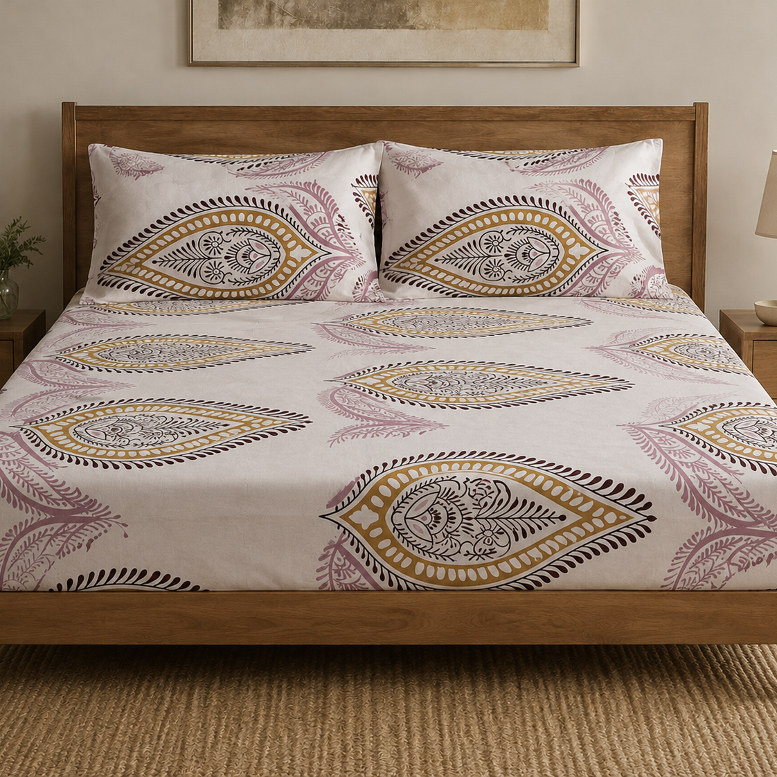 Aarniva 100% Cotton Paisley Bedsheet Set | King/Queen | Soft & Breathable | Ivory Rose Paisley | 6-Piece Set