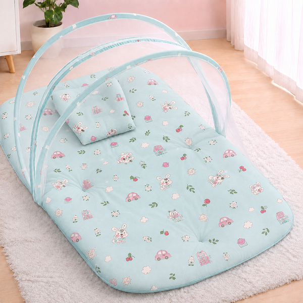 Aarniva Foldable Baby Mosquito Net Mat | Soft Padded | Breathable Mesh Canopy | Tiny Floral Blue