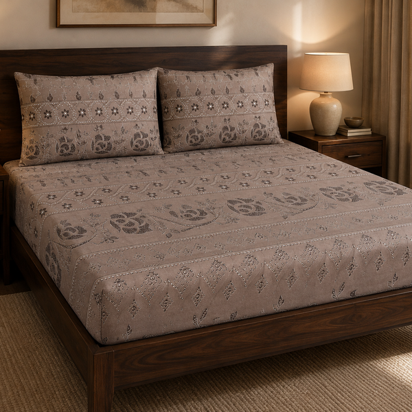 Aarniva 100% Cotton Floral Bedsheet Set | King/Queen | Soft & Breathable | Mocha Floral Border | 6-Piece Set