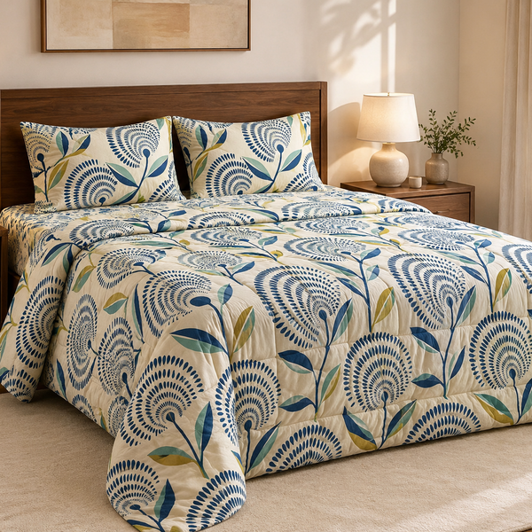 Aarniva Breathable Polyester Ocean Petal Fans Comforter Set | King/Queen | 250 GSM | Ultra-Soft & Cozy | Blue Gold | 5-Piece Set