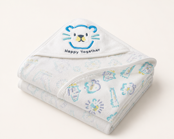 Aarniva Kids Hooded Bath Towel | Soft & Cozy | Animal & Fun Prints | Happy Lion Blue