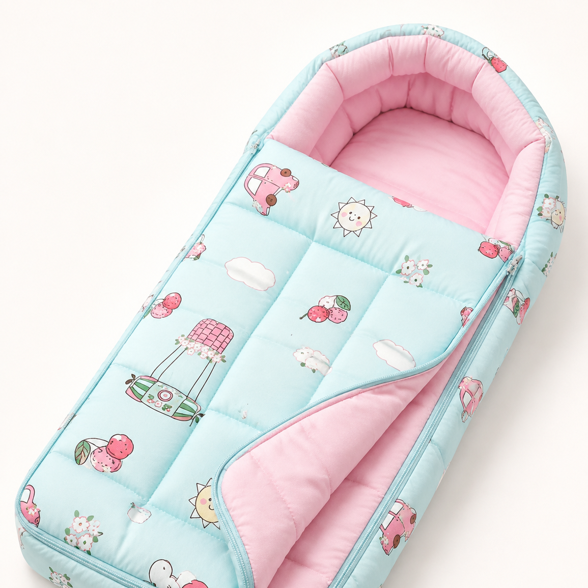 Aarniva Baby Premium Bedding Super Saver Combo | Gadda Set, Mosquito Net Mattress & Sleeping Bag | 100% Cotton | Unicorn Blue | Multi-Piece Set