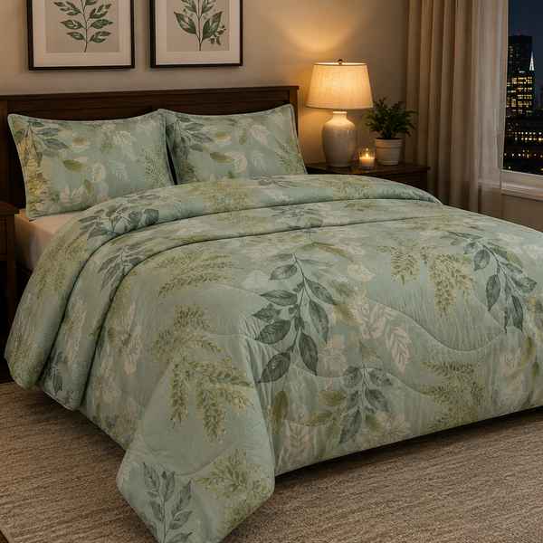 A bed dressed in a light sage green and olive botanical print comforter set with matching pillow shams, styled in a cozy bedroom with bedside tables, lamps, and a window showing a city skyline at night.