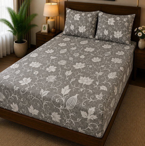 Aarniva 100% Cotton Floral Vine Bedsheet Set | King/Queen | Soft & Breathable | Stone Grey | 6-Piece Set
