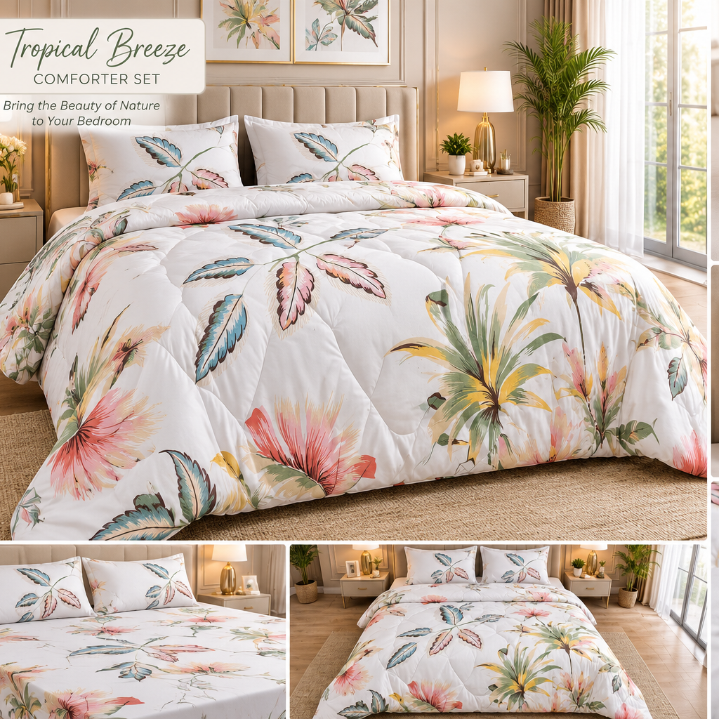 Aarniva Breathable Polyester Tropical Breeze Comforter Set | King/Queen | 250 GSM | Ultra-Soft & Cozy | Flower Leaves Design | 5-Piece Set