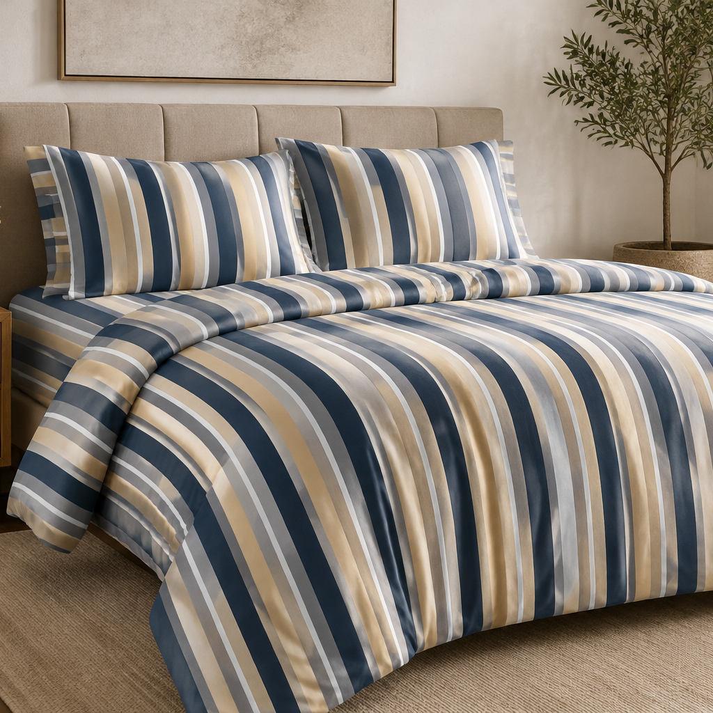 Aarniva Breathable Polyester Harbor Stripe Comforter Set | King/Queen | 250 GSM | Ultra-Soft & Cozy | Navy Sand | 5-Piece Set