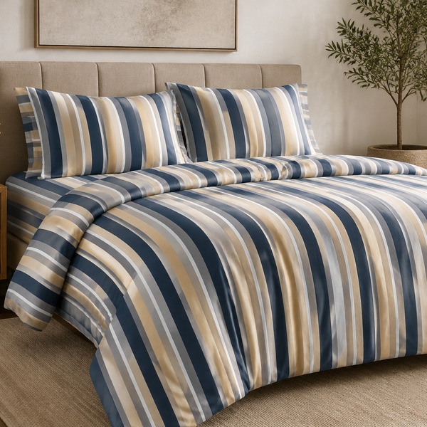 Aarniva Breathable Polyester Harbor Stripe Comforter Set | King/Queen | 250 GSM | Ultra-Soft & Cozy | Navy Sand | 5-Piece Set