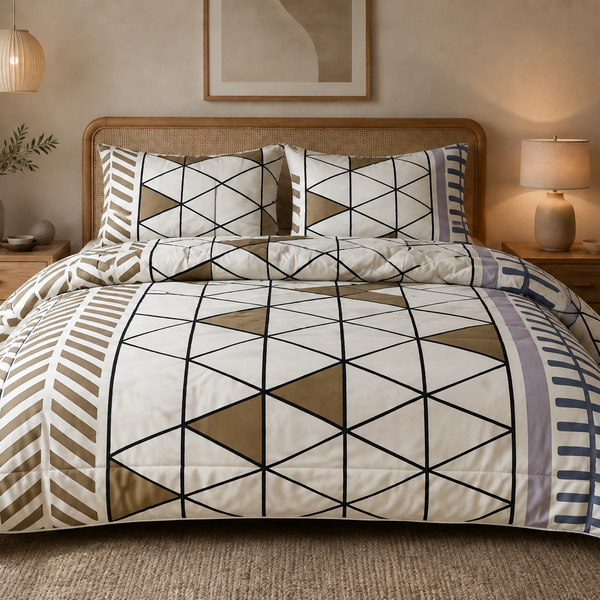 Aarniva Breathable Polyester Modern Geo Lines Comforter Set | King/Queen | 250 GSM | Ultra-Soft & Cozy | Ivory Taupe | 5-Piece Set