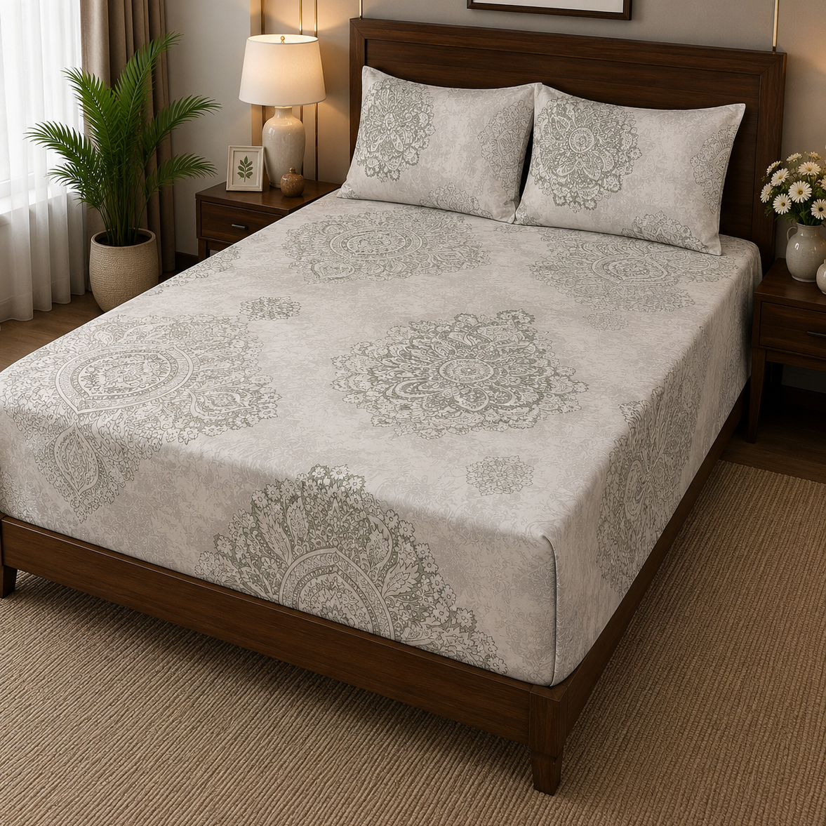 Aarniva 100% Cotton Ornamental Medallion Bedsheet Set | King/Queen | Soft & Breathable | Ivory Sage | 200 TC | 6-Piece Set