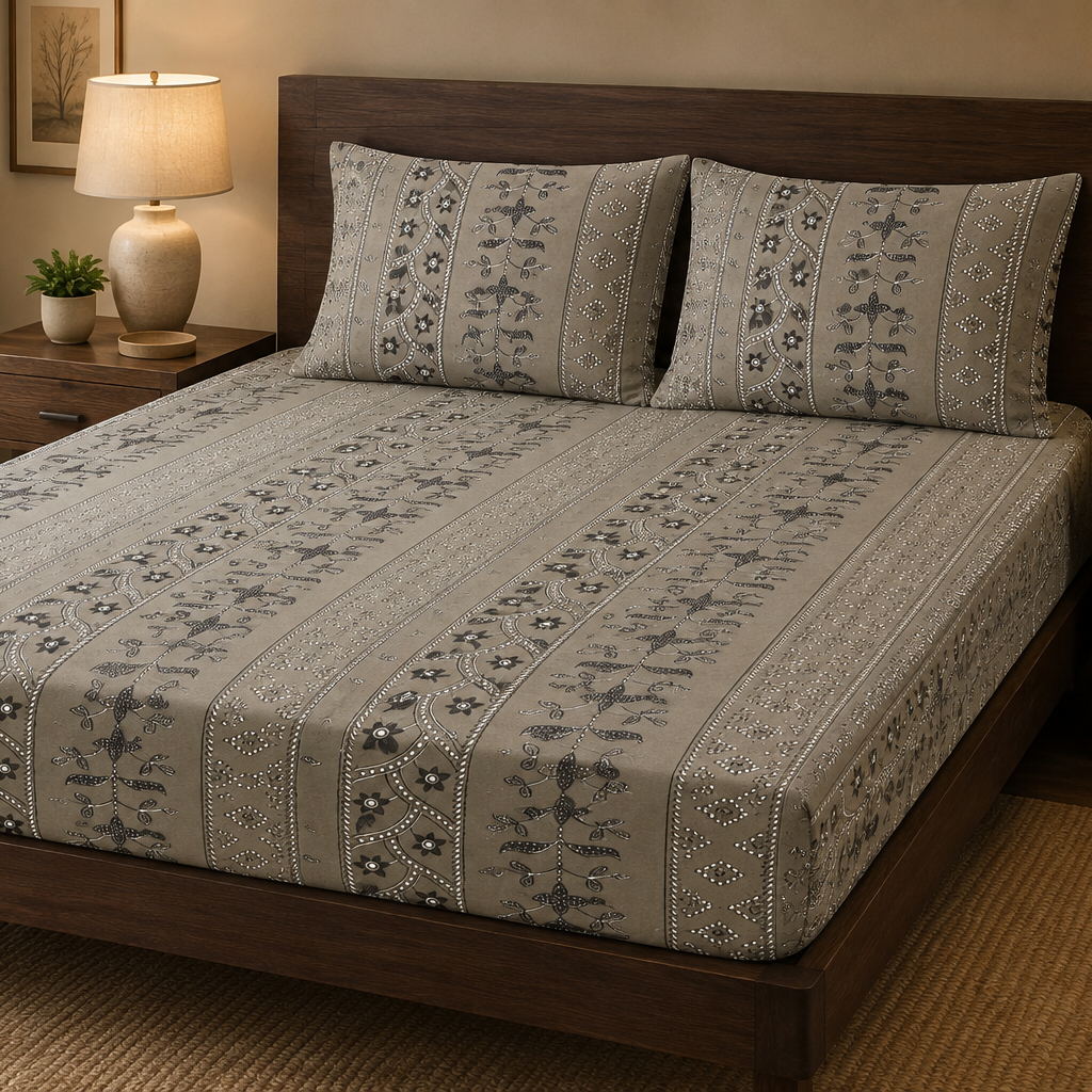 Aarniva 100% Cotton Ornamental Bedsheet Set | King/Queen | Soft & Breathable | Taupe Heritage Stripe | 4-Piece Set