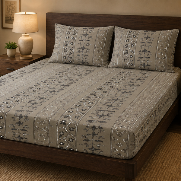 Aarniva 100% Cotton Ornamental Bedsheet Set | King/Queen | Soft & Breathable | Taupe Heritage Stripe | 4-Piece Set