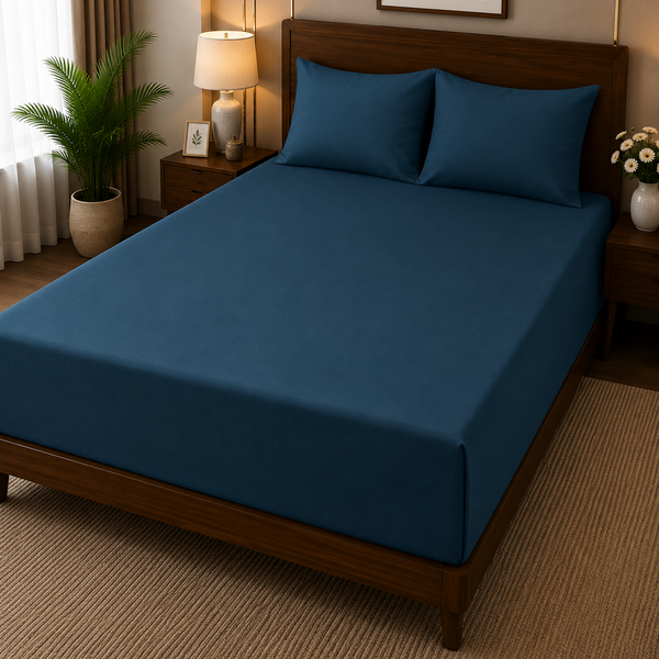 Aarniva 100% Cotton Solid Bedsheet Set | King/Queen | Soft & Breathable | Deep Ocean Blue | 400 TC | 6-Piece Set