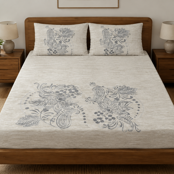 Aarniva 100% Cotton Floral Bedsheet Set | King/Queen | Soft & Breathable | Ivory Slate Floral Scroll | 6-Piece Set
